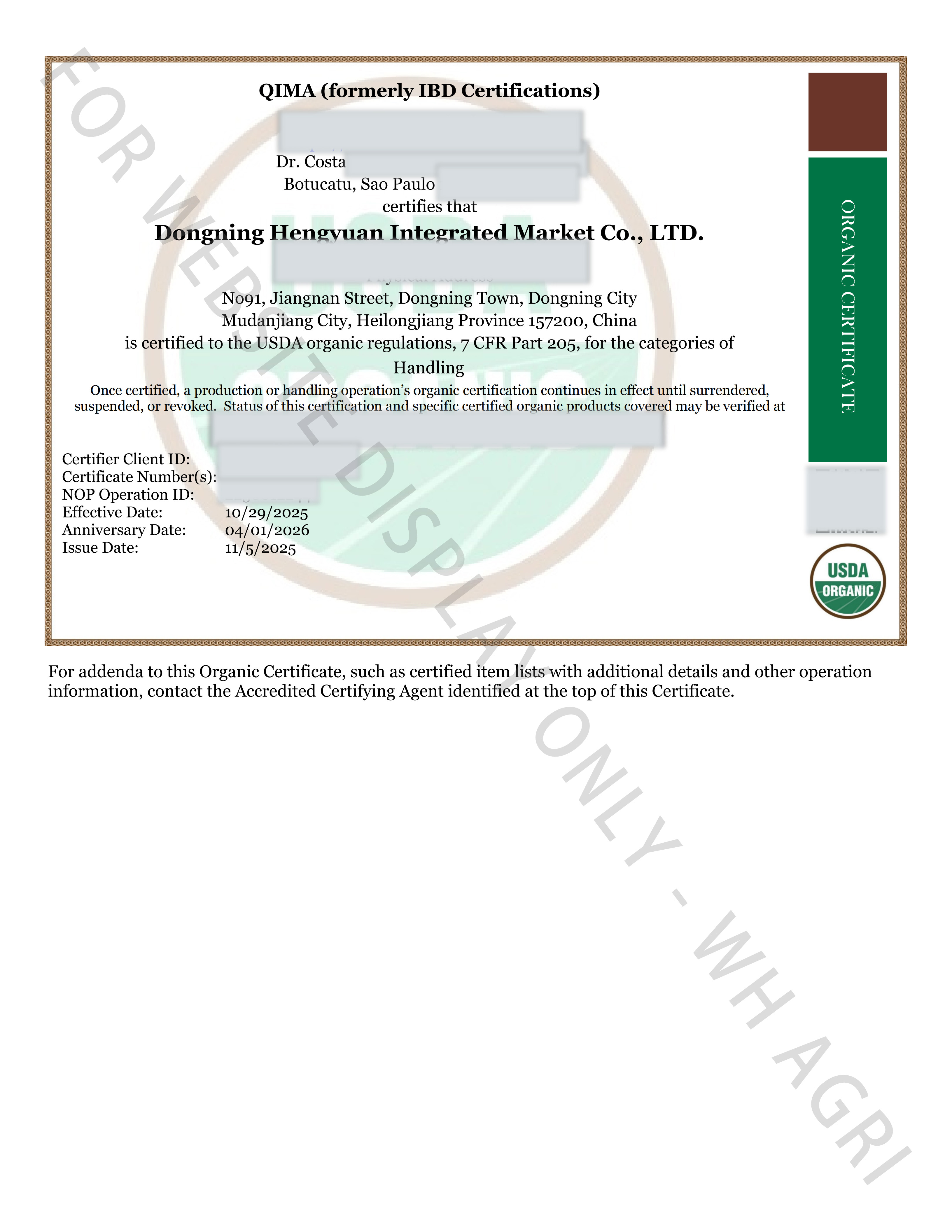 USDA Organic certificate